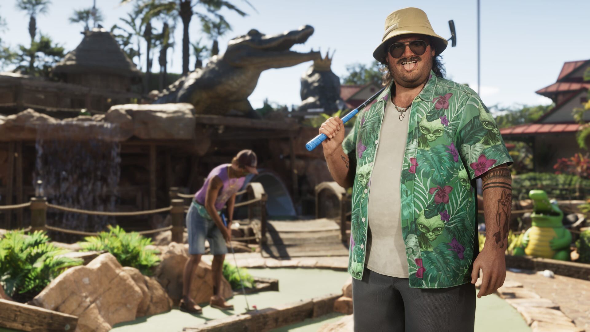 Cal Hampton, personnage de GTA 6, sur un mini-golf de Leonida, club sur l'épaule
